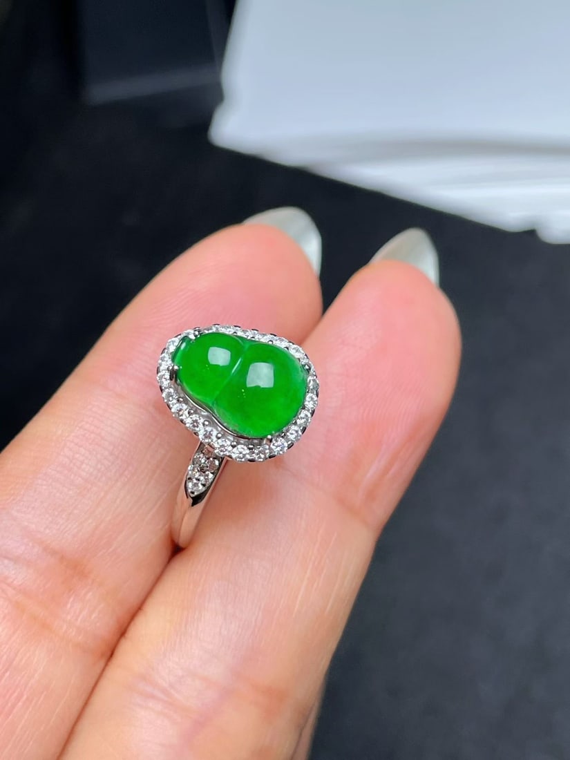 Silver Natural Full Green Jade Ring - 2