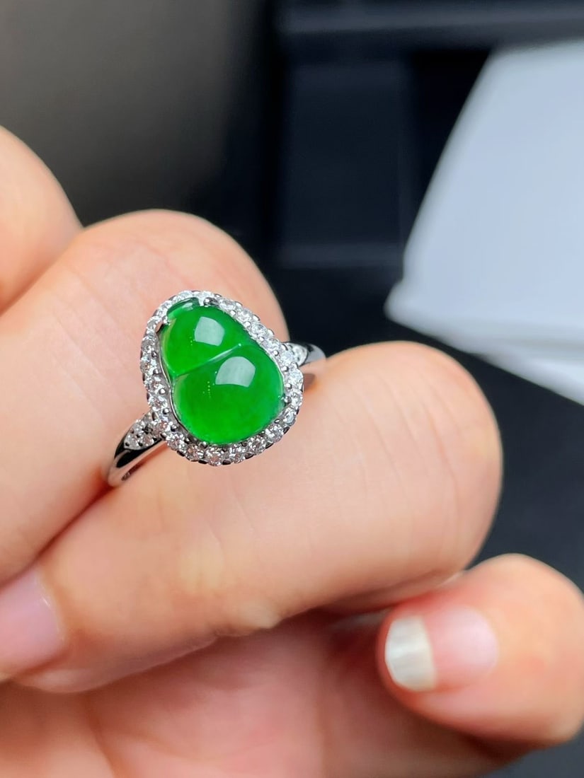 Silver Natural Full Green Jade Ring - 4