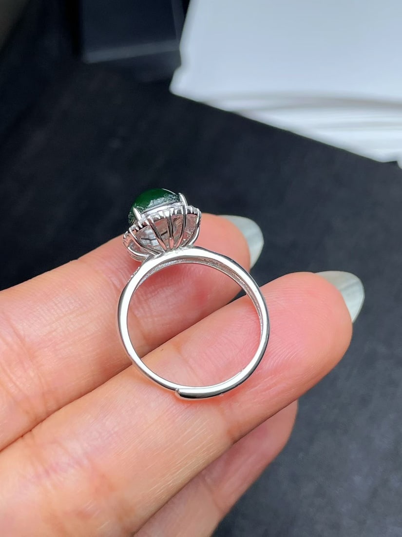 Silver Natural Full Green Jade Ring - 5