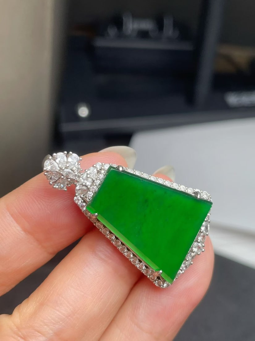 Silver Natural Full Green Jade Pendant - 2