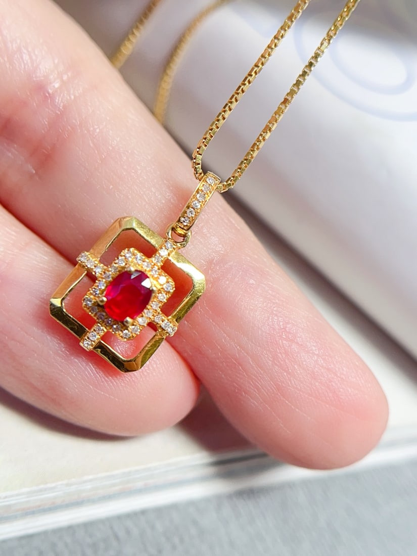 18K Gold Natural Pigeon Blood Red Ruby Pendant - 3