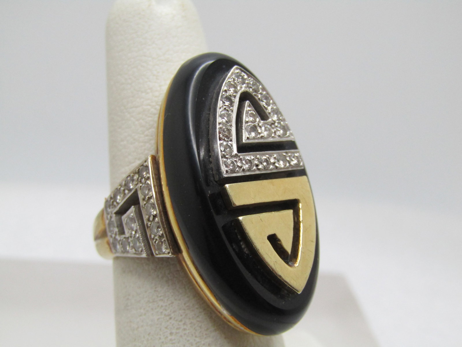 Vintage 14KT Onyx and Diamond Ring, La Triomphe (Astoria Jewelry Mfg.) 1960's-1970's, Size 6.5: Title:Vintage 14kt and Sterling Marcasite Cameo Drop Earrings, Mixed Ages Description:Vintage 14kt and Sterling Cameo Drop Earrings, Mixed Ages. These came from an estate where someone put more