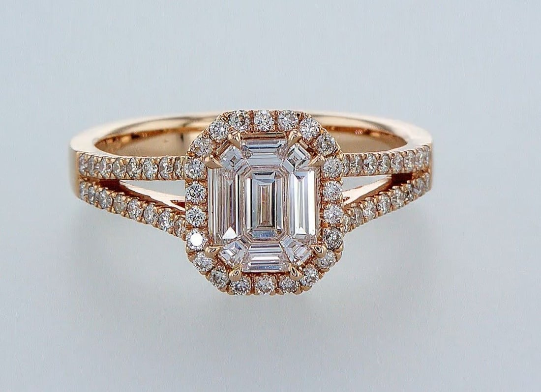 14 kt. Pink gold - Ring - 0.79 ct Diamond - Diamonds: Title:14 kt. Pink gold - Ring - 0.79 ct Diamond - Diamonds Description:14 kt. Pink gold - Ring - 0.79 ct Diamond - Diamonds,Size: us7 14\54 - Total weight: 3.86 g,Set with: 9 stones 0.45CT colour D-F
