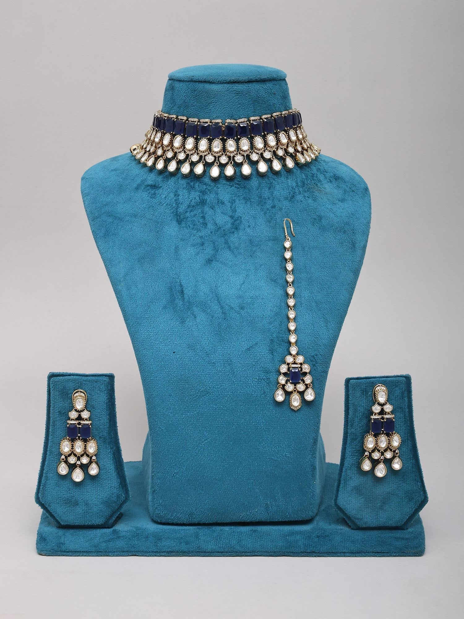Polki Stone Studded Necklace Set with Maang Tikka and Blue Stone Detailing - 2