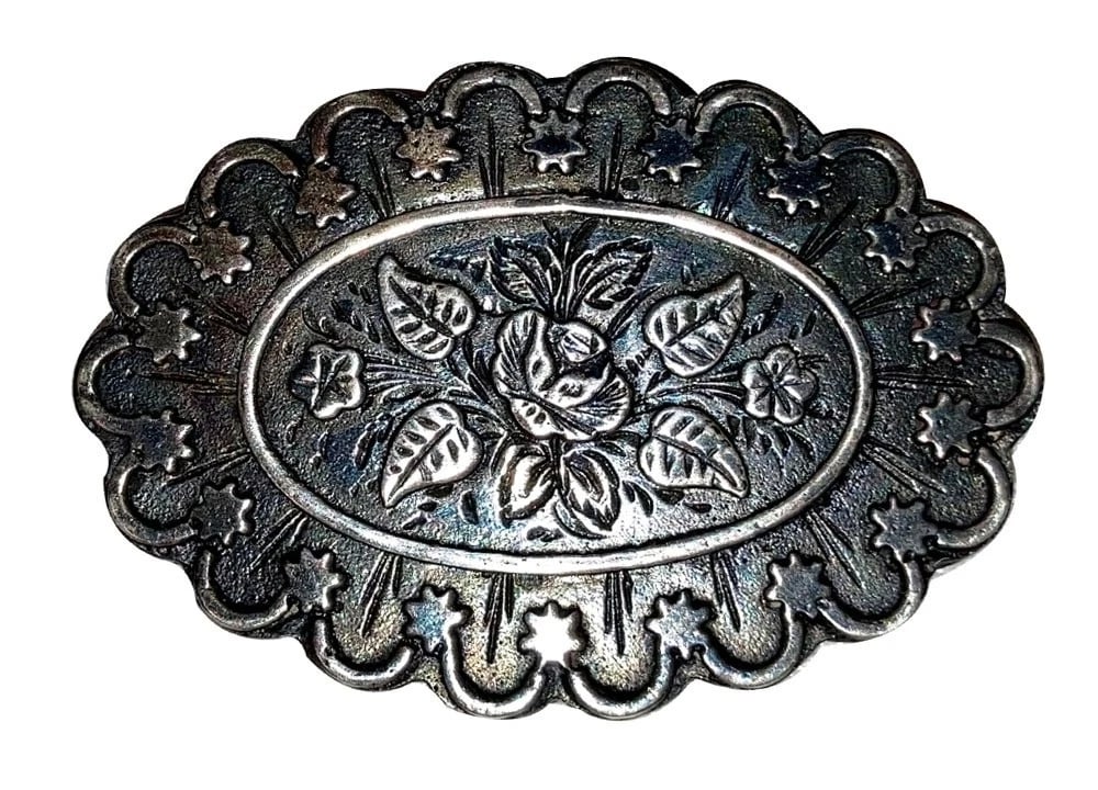 Victorian Aesthetic Period Sterling Silver Floral Etched with Leaves Pin Brooch - 2
