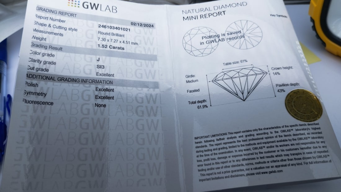 1 pcs Diamond (Natural) - 1.52 ct - Round - J - SI3 - Gemewizard Gemological Laboratory (GWLab) - 2
