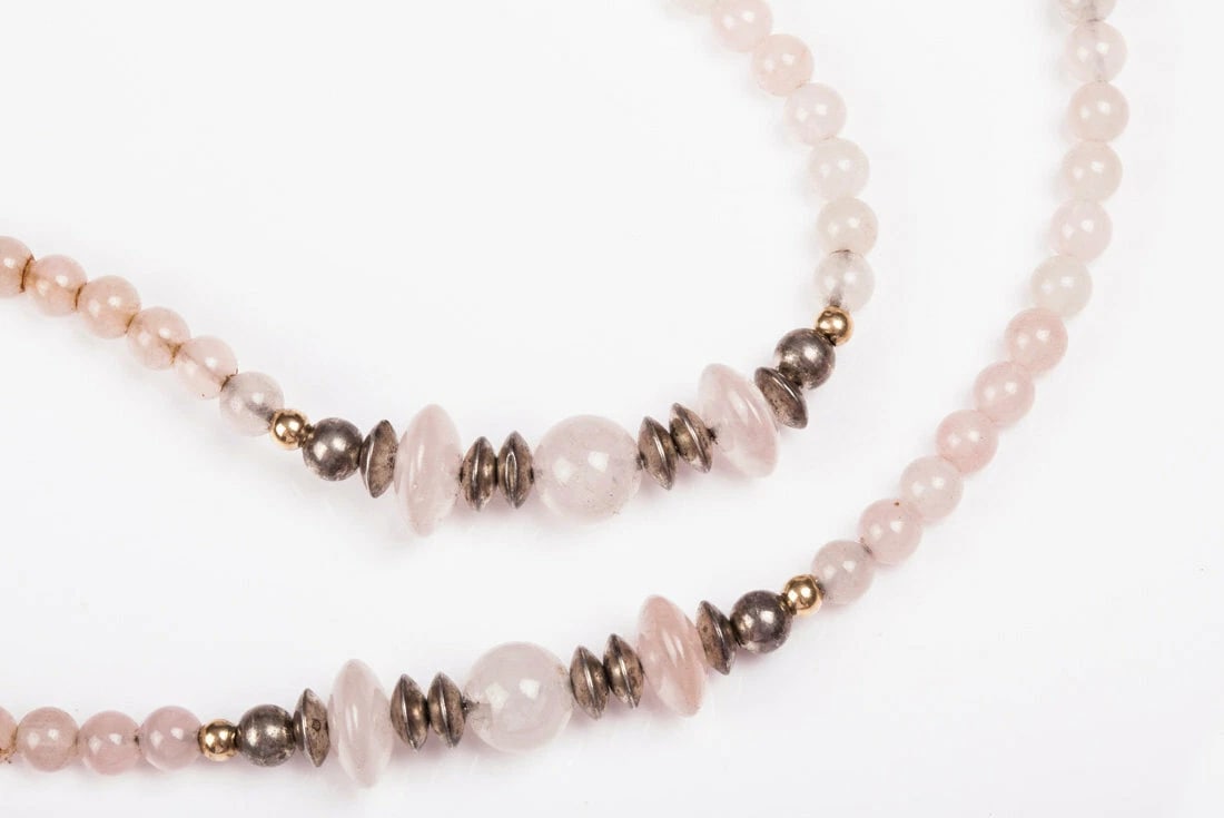 Sterling Silver Carved Rose Quartz Bead Flapper Necklace - 3