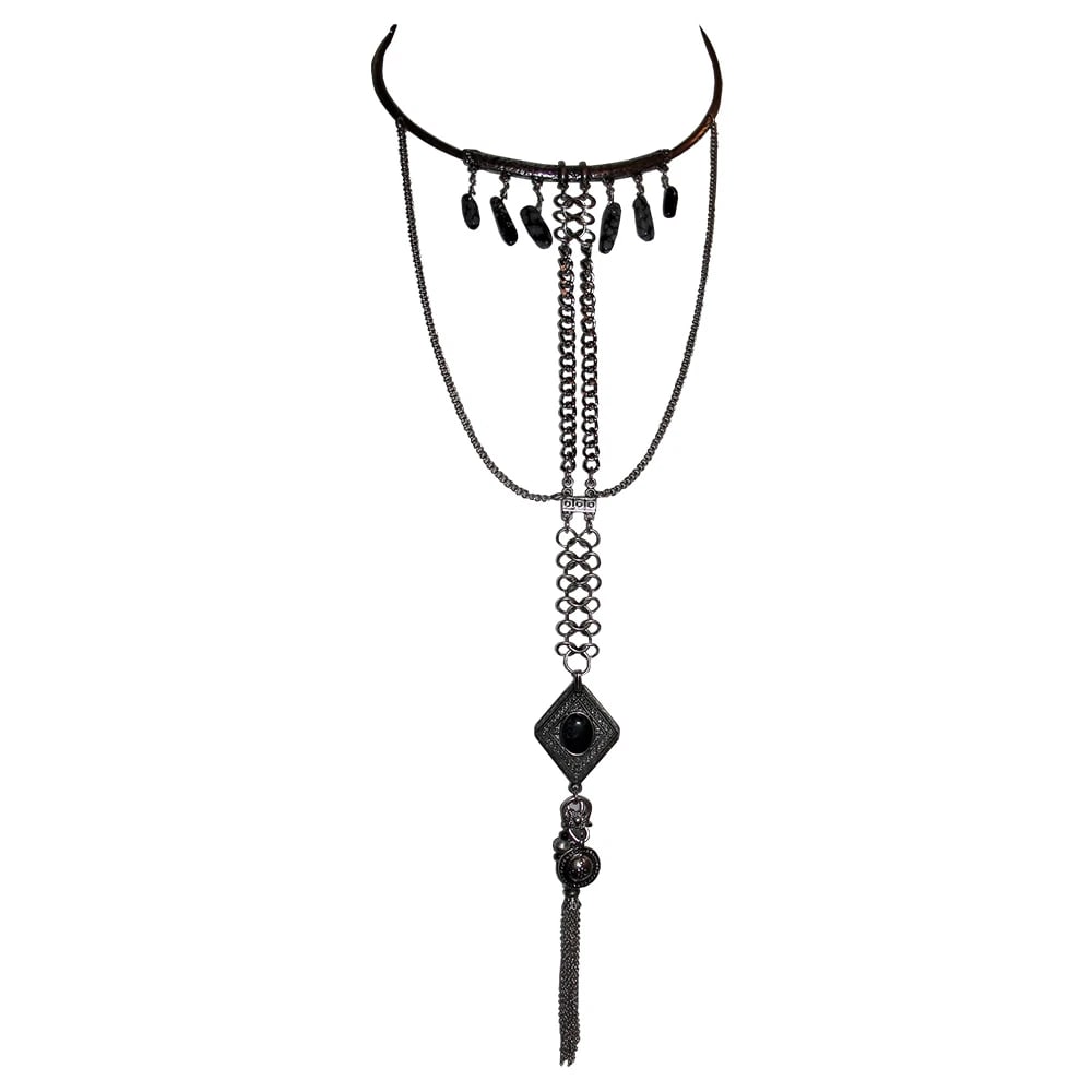New Silver Tone Bedouin Inspired Obsidian Dangle Necklace - 2