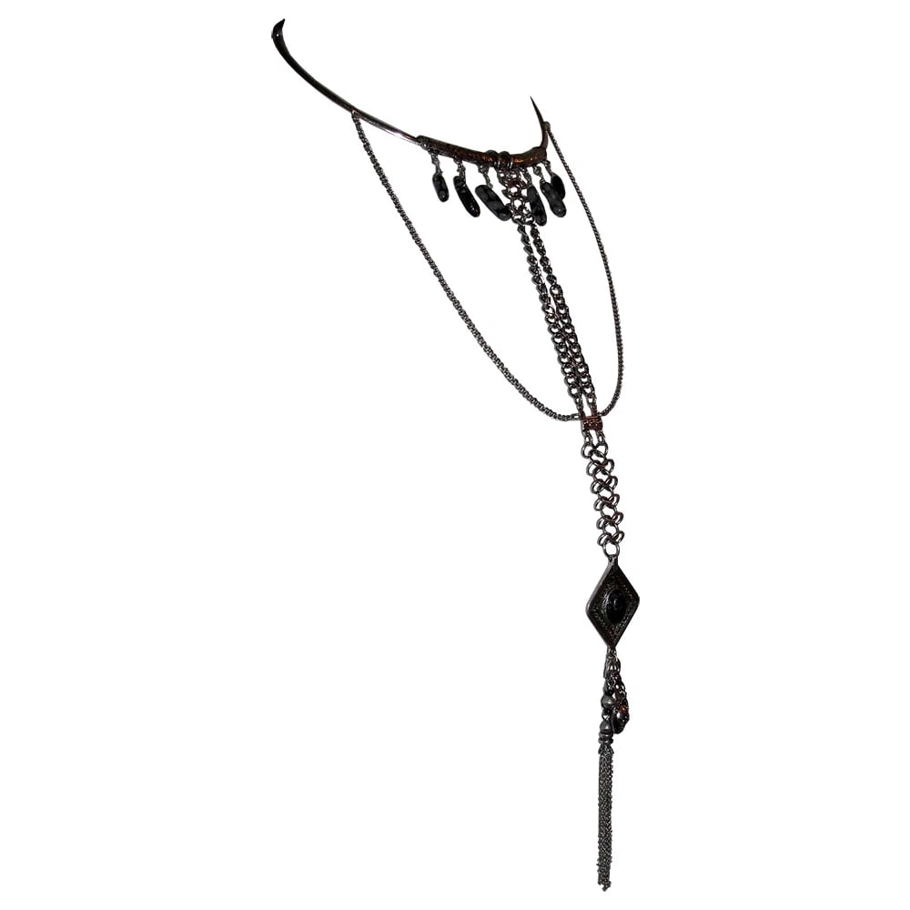 New Silver Tone Bedouin Inspired Obsidian Dangle Necklace - 4