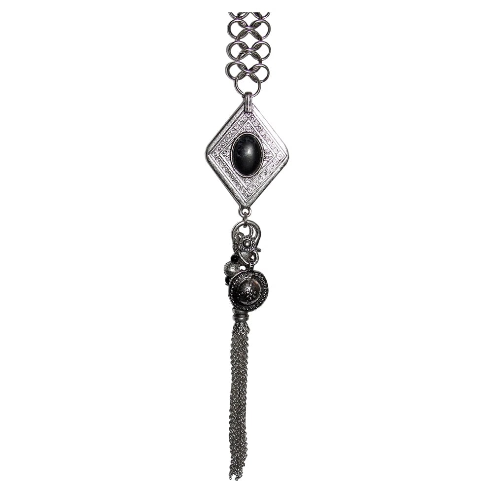 New Silver Tone Bedouin Inspired Obsidian Dangle Necklace - 5