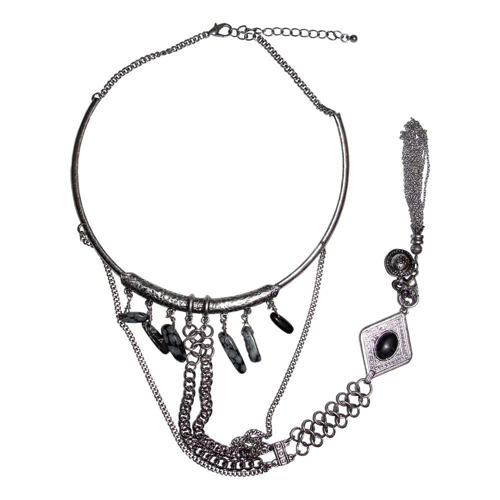 New Silver Tone Bedouin Inspired Obsidian Dangle Necklace - 6