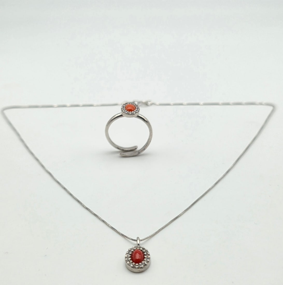 925 silver necklace and ring with red coral (corallium rubrum) and zirconia - 2
