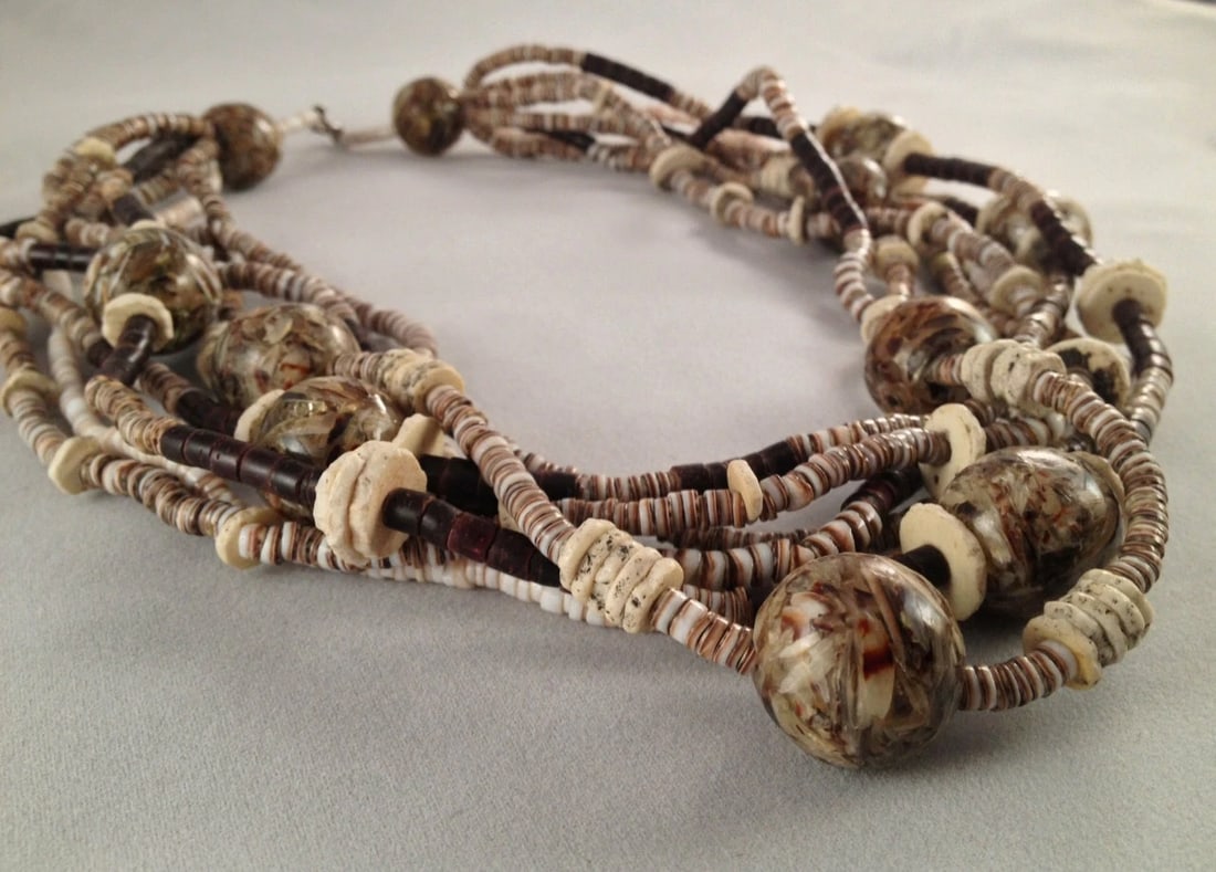 Handmade Multi Strand Ostrich Eggshell Lucite Heishi Bead Necklace Statement - 2