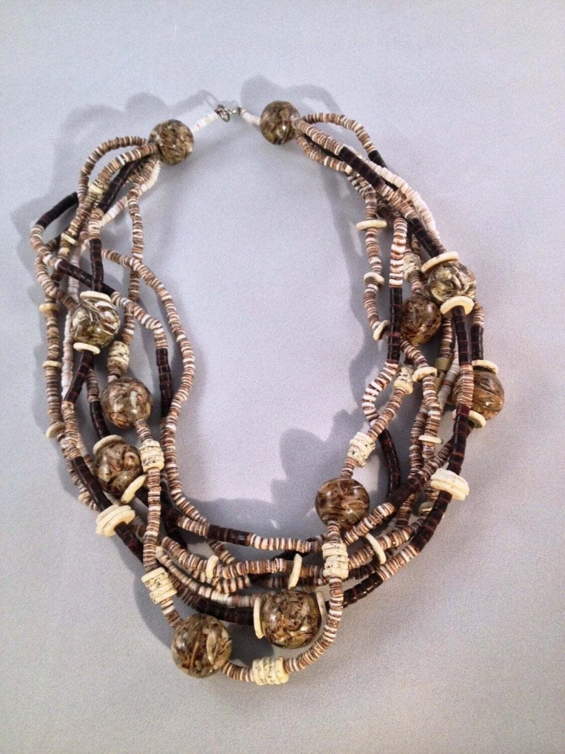 Handmade Multi Strand Ostrich Eggshell Lucite Heishi Bead Necklace Statement - 3
