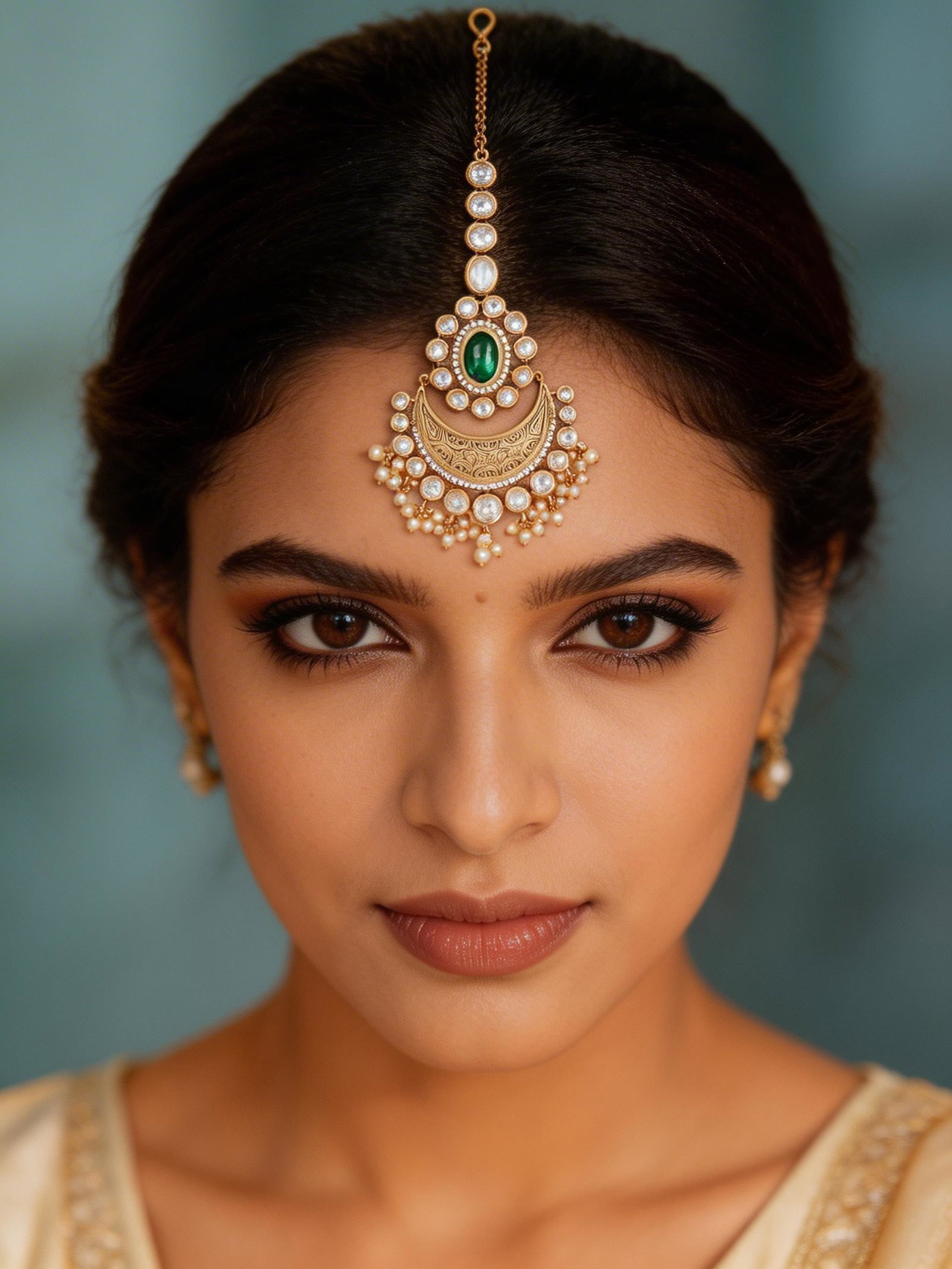 Stone Studded Chaand Maang Tikka with Pearl Drops and Polki Detailing: Title:Stone Studded Chaand Maang Tikka with Pearl Drops and Polki Detailing Reference:itemcode : JA0245 Reserve: $57.00 Shipping: Domestic: Flat-rate of $12.00 to anywhere within the contiguous U.S.