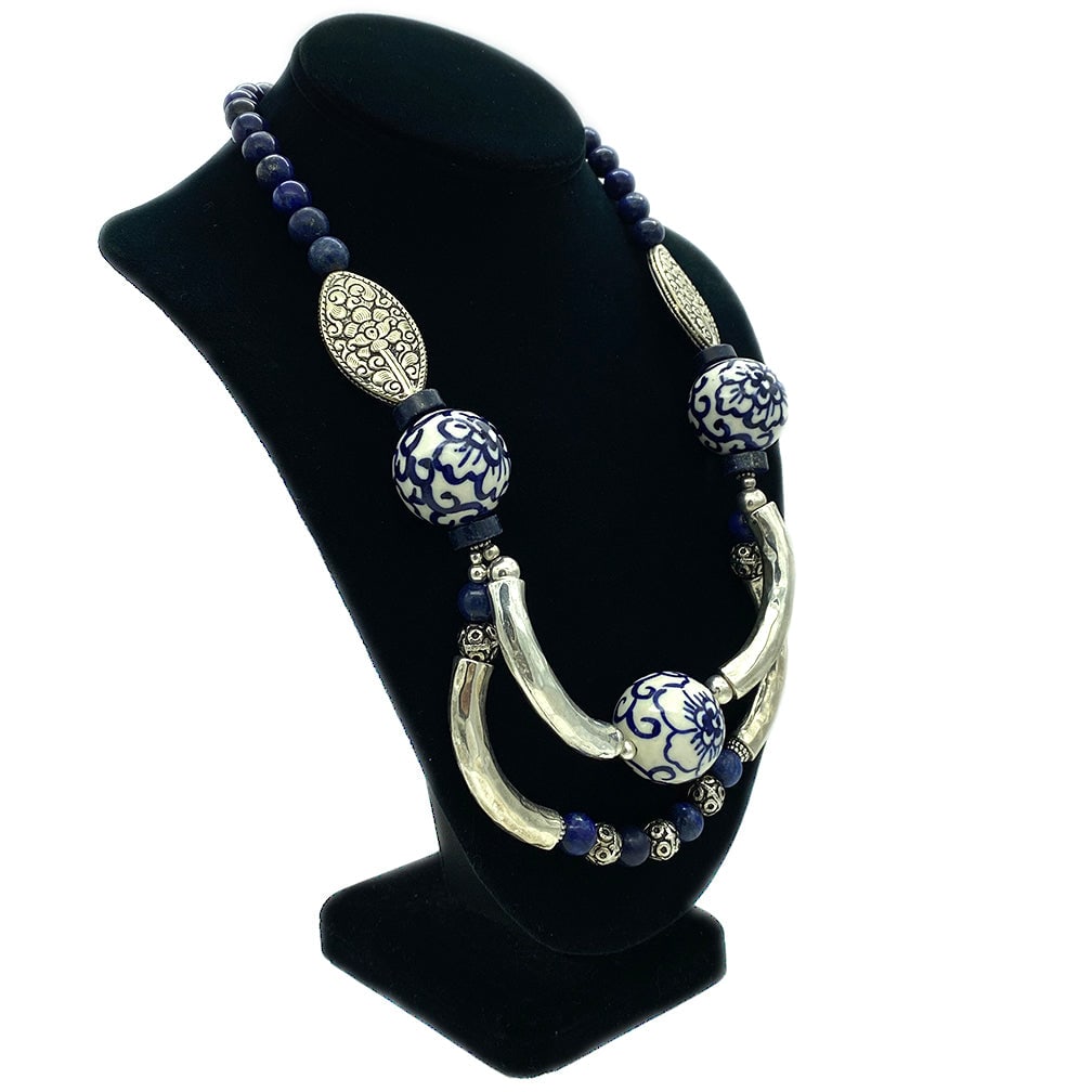 Lapis Lazuli and Porcelain Bib Necklace - 2