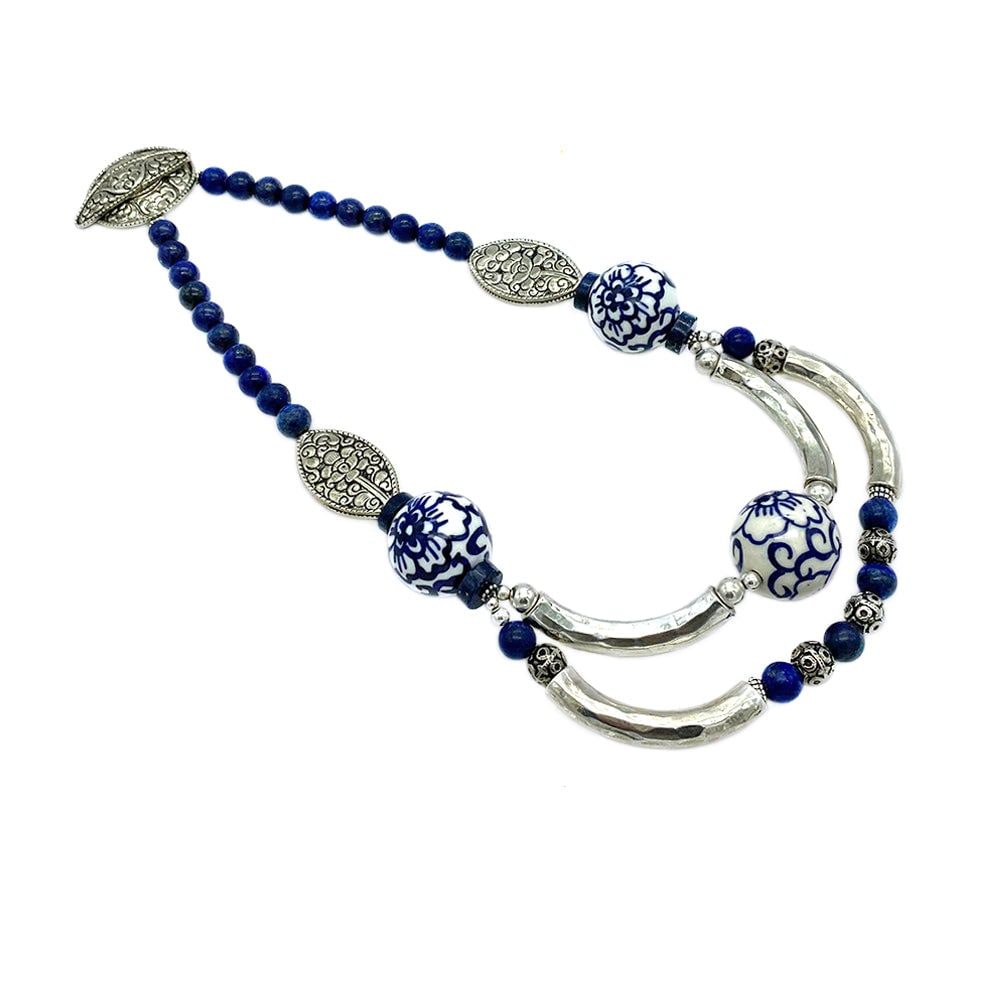 Lapis Lazuli and Porcelain Bib Necklace - 3