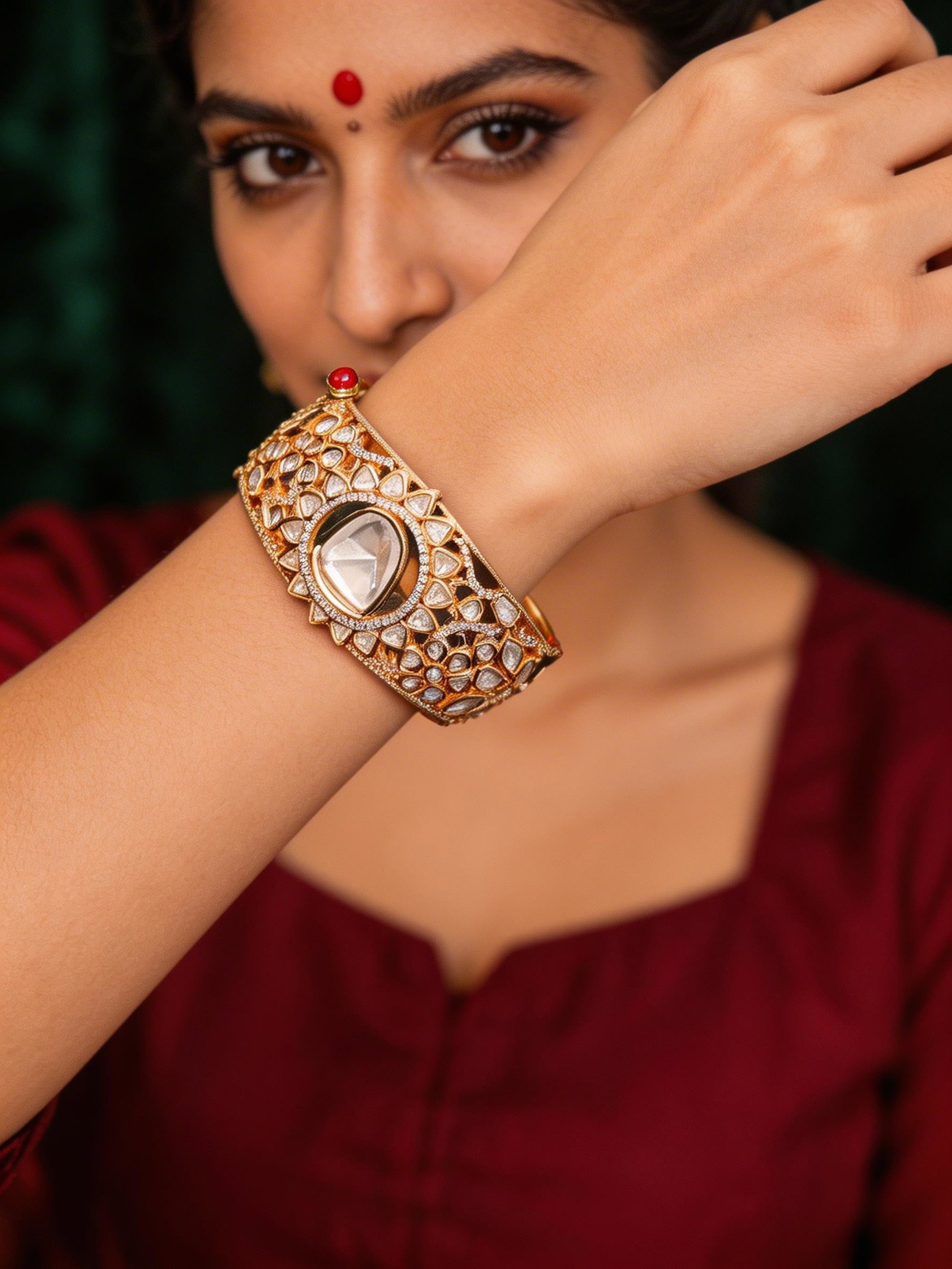 Floral Polki Stone Studded Openable Cuff Bangle with Pear-Shaped Center Stone: Title:Floral Polki Stone Studded Openable Cuff Bangle with Pear-Shaped Center Stone Reference:itemcode : JA0228 Reserve: $83.00 Shipping: Domestic: Flat-rate of $12.00 to anywhere within the