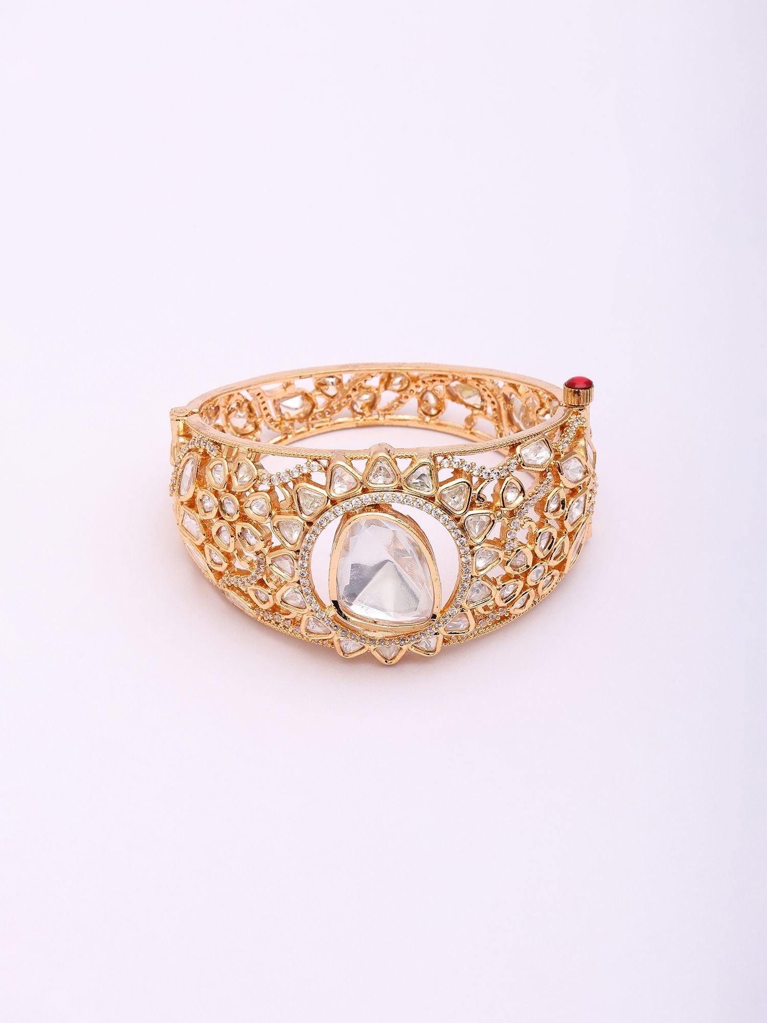 Floral Polki Stone Studded Openable Cuff Bangle with Pear-Shaped Center Stone - 2