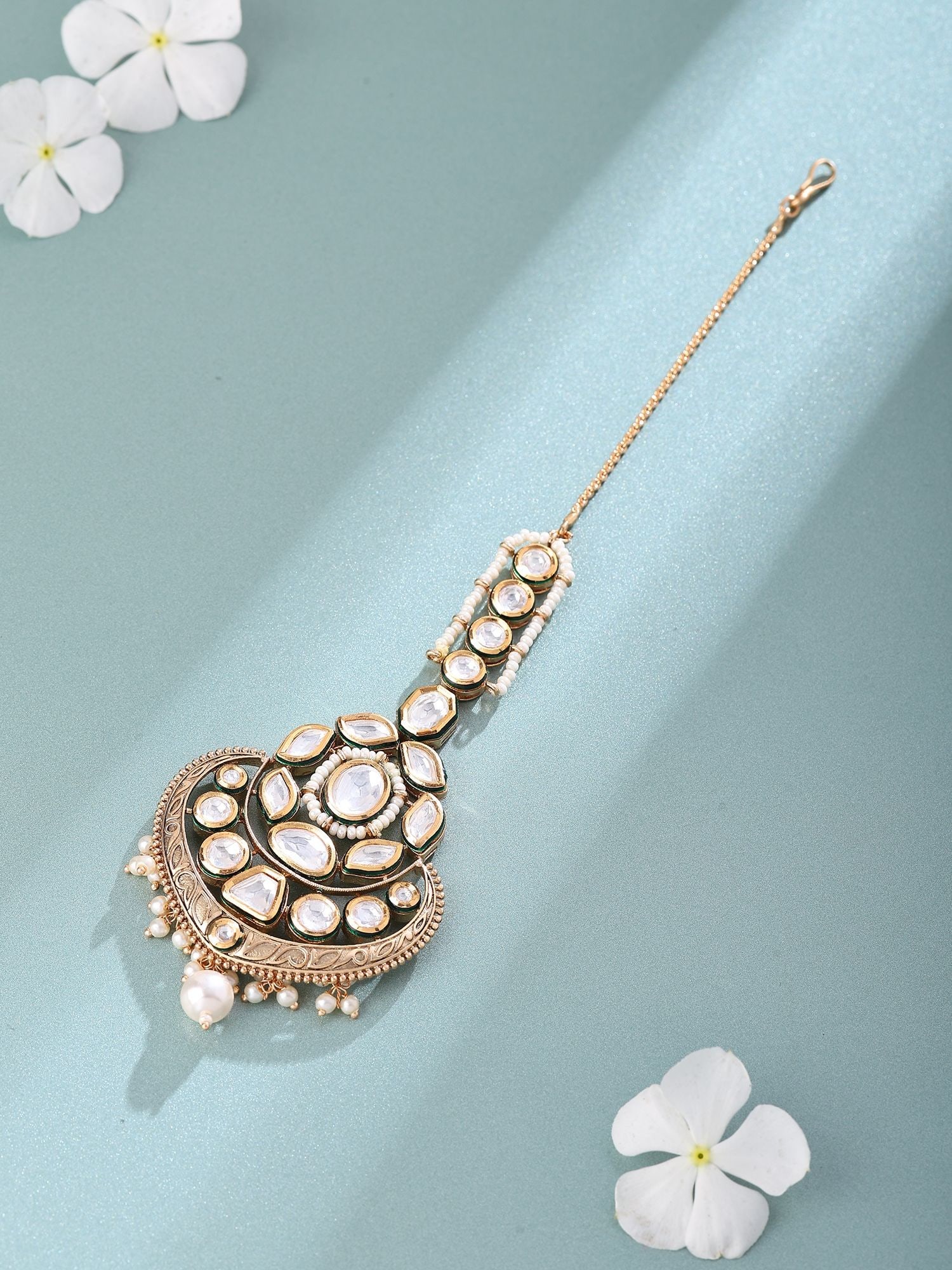 Meenakari Style Polki Studded Maang Tikka with Bead Drop: Title:Meenakari Style Polki Studded Maang Tikka with Bead Drop Reference:itemcode : JA0243 Reserve: $52.00 Shipping: Domestic: Flat-rate of $12.00 to anywhere within the contiguous U.S.
