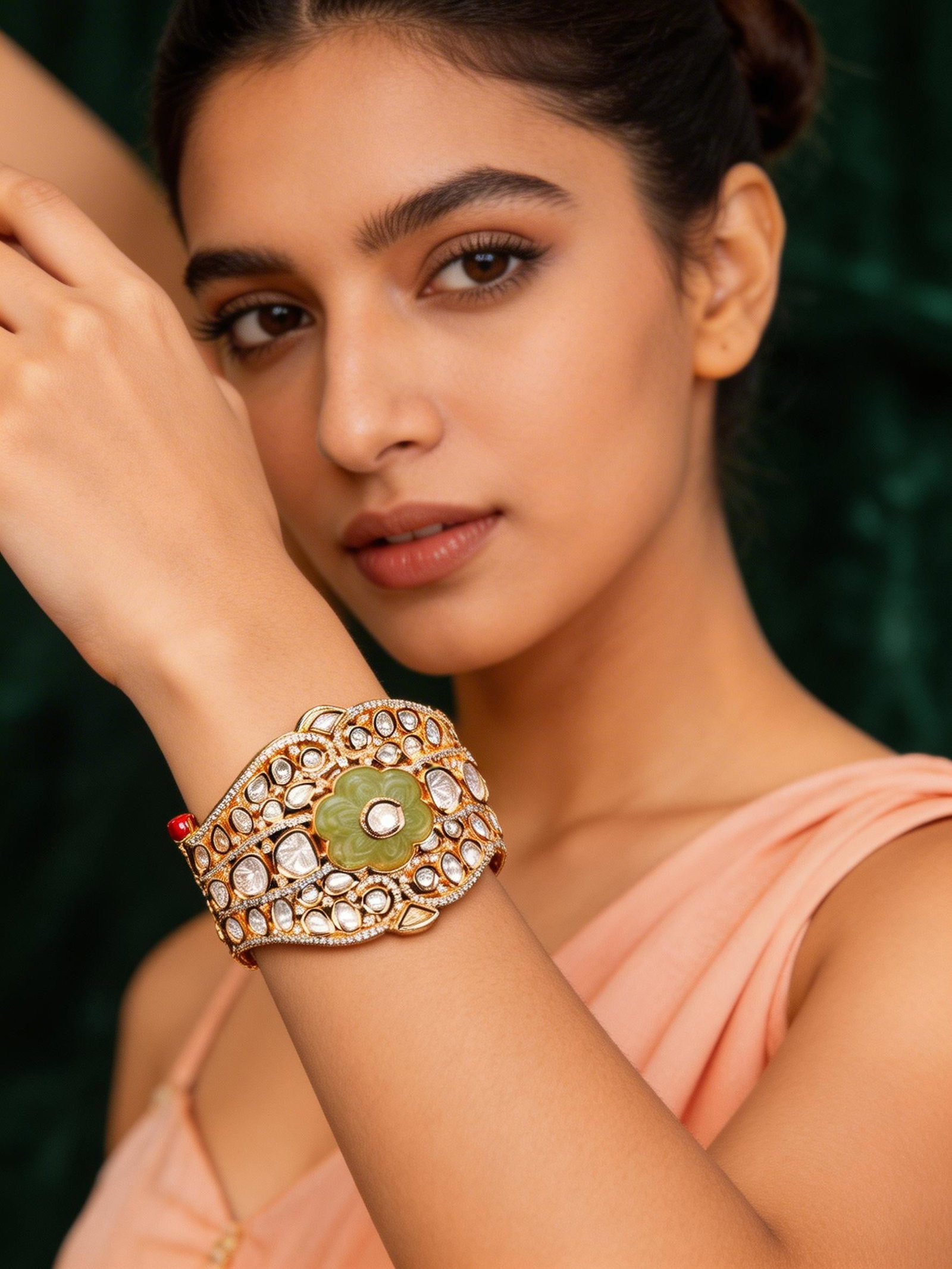 Floral Design Polki Stone Studded Openable Cuff Bangle: Title:Floral Design Polki Stone Studded Openable Cuff Bangle Reference:itemcode : JA0236 Reserve: $68.00 Shipping: Domestic: Flat-rate of $12.00 to anywhere within the contiguous U.S. International: