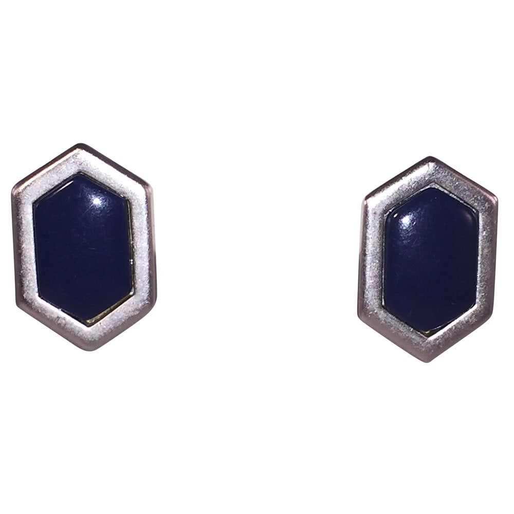 Yves Saint Laurent Silver Tone and Blue Enamel Earrings: Title:Yves Saint Laurent Silver Tone and Blue Enamel Earrings Description:Lovely Yves Saint Laurent earrings, silver tone metal with blue enamel. Circa 1980s. Each earring measures 1 1/4" tall and