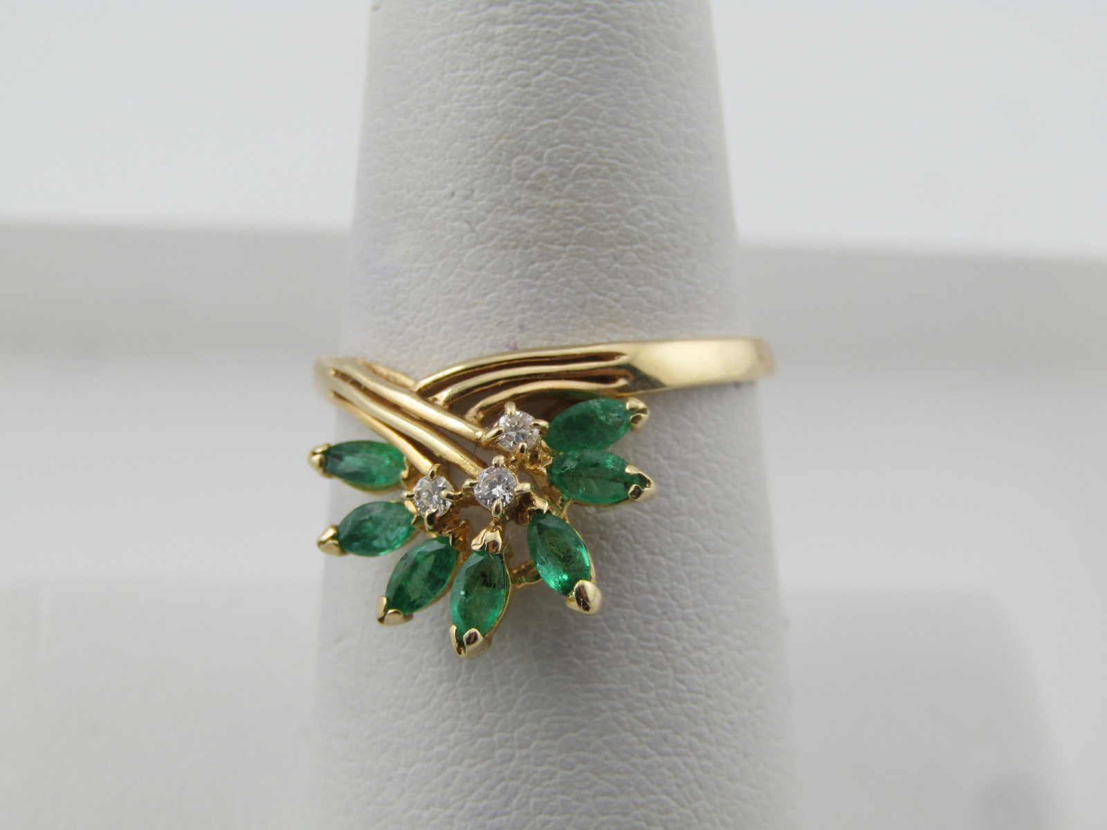 Vintage 14kt Emerald and Diamond Cluster Ring, Sz. 8, Signed RM, 1980's-1990's (1 of 5)