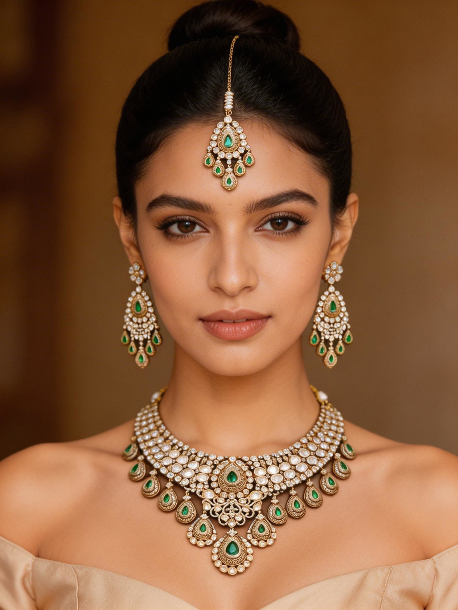 Polki Stone Studded Semi Bridal Necklace Set with Green Teardrop Danglers: Title:Polki Stone Studded Semi Bridal Necklace Set with Green Teardrop Danglers Reference:itemcode : JA0234 Reserve: $497.00 Shipping: Domestic: Flat-rate of $55.00 to anywhere within the contiguous