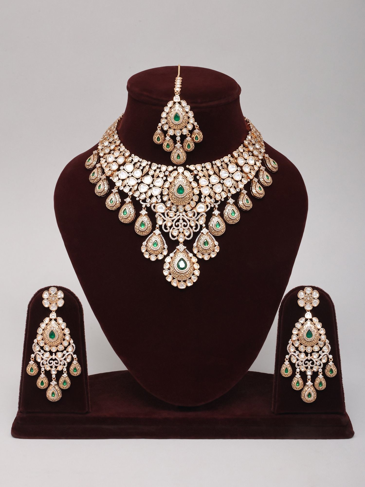 Polki Stone Studded Semi Bridal Necklace Set with Green Teardrop Danglers - 2