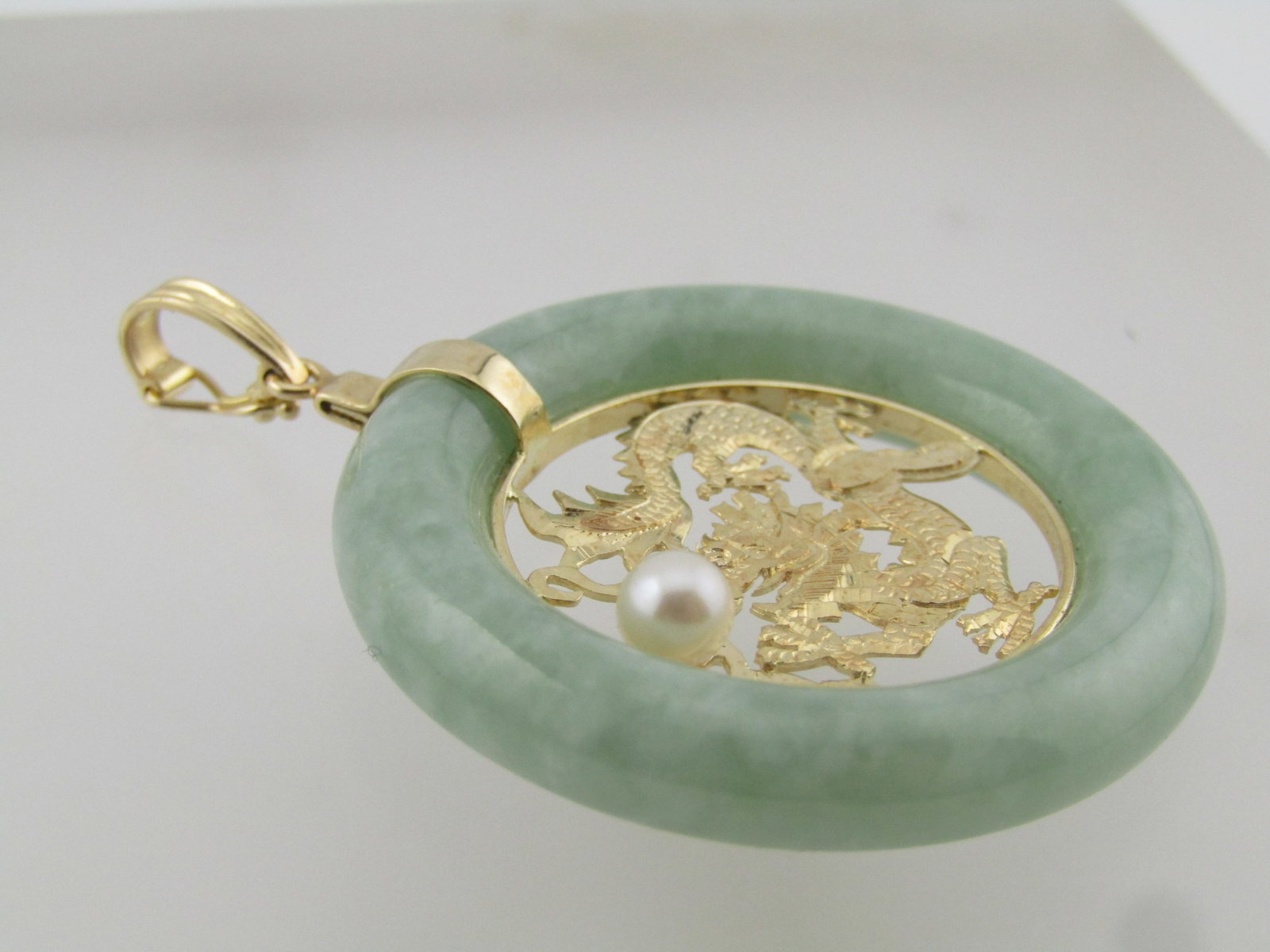 14kt Dragon and Pearl Donut Pendant, 1980's-1990's - 2
