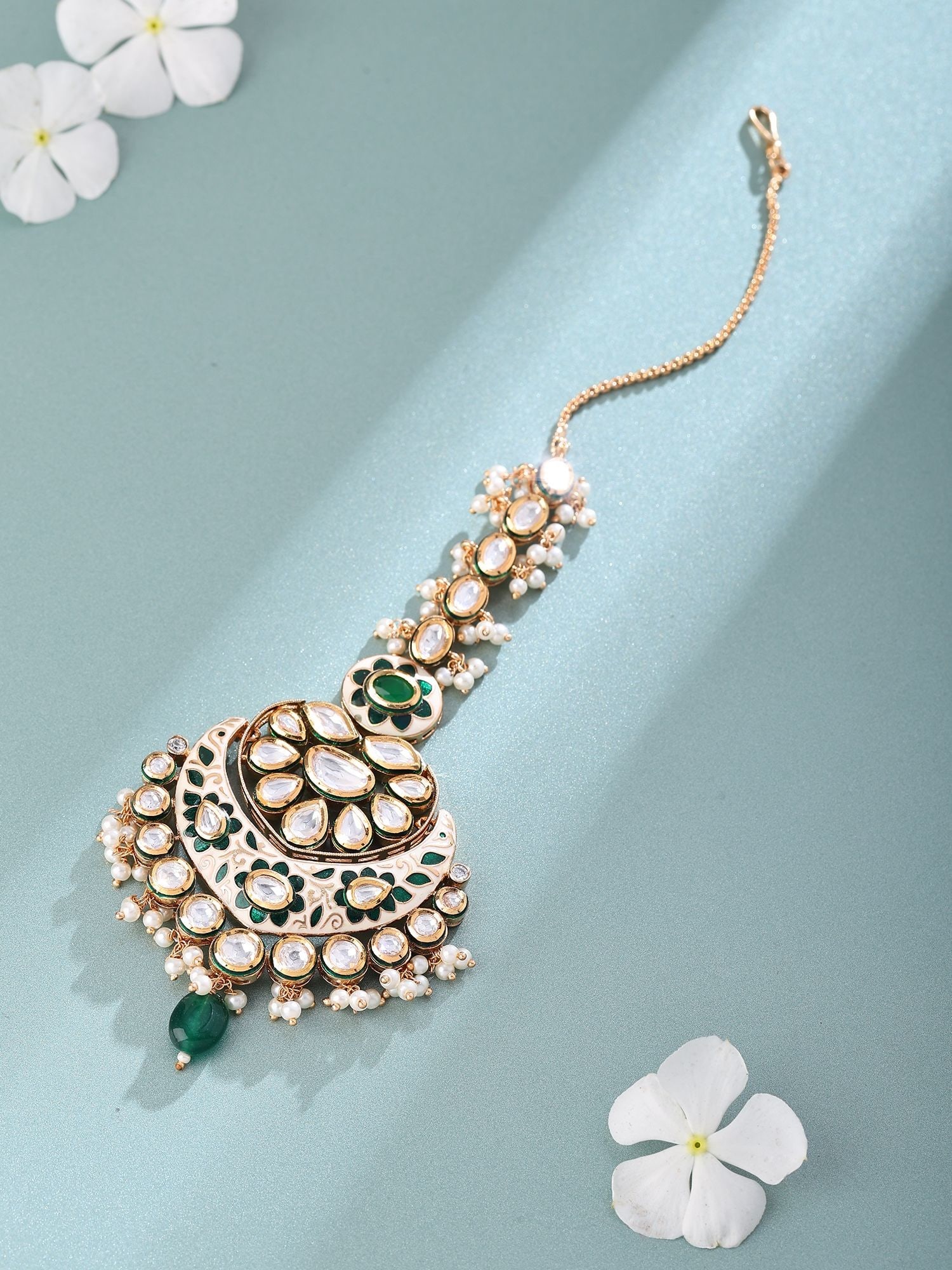 Meenakari Polki Maang Tikka with Pearl Cluster Drops: Title:Meenakari Polki Maang Tikka with Pearl Cluster Drops Reference:itemcode : JA0246 Reserve: $68.00 Shipping: Domestic: Flat-rate of $12.00 to anywhere within the contiguous U.S. International: