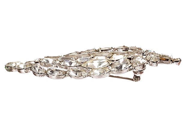 Vintage Leaf Motif Clear Rhinestone Pin Brooch - 3