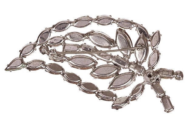 Vintage Leaf Motif Clear Rhinestone Pin Brooch - 4