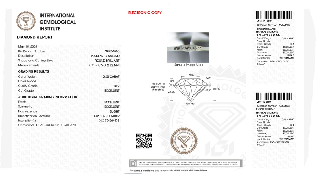 1 pcs Diamond (Natural) - 0.40 ct - Round - J - SI2 - IGI - 2