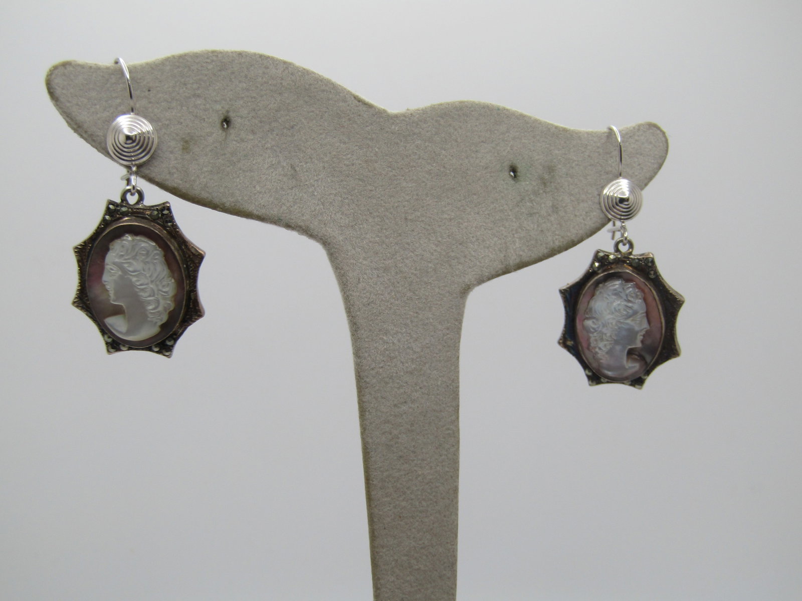 Vintage 14kt and Sterling Marcasite Cameo Drop Earrings, Mixed Ages (1 of 7)