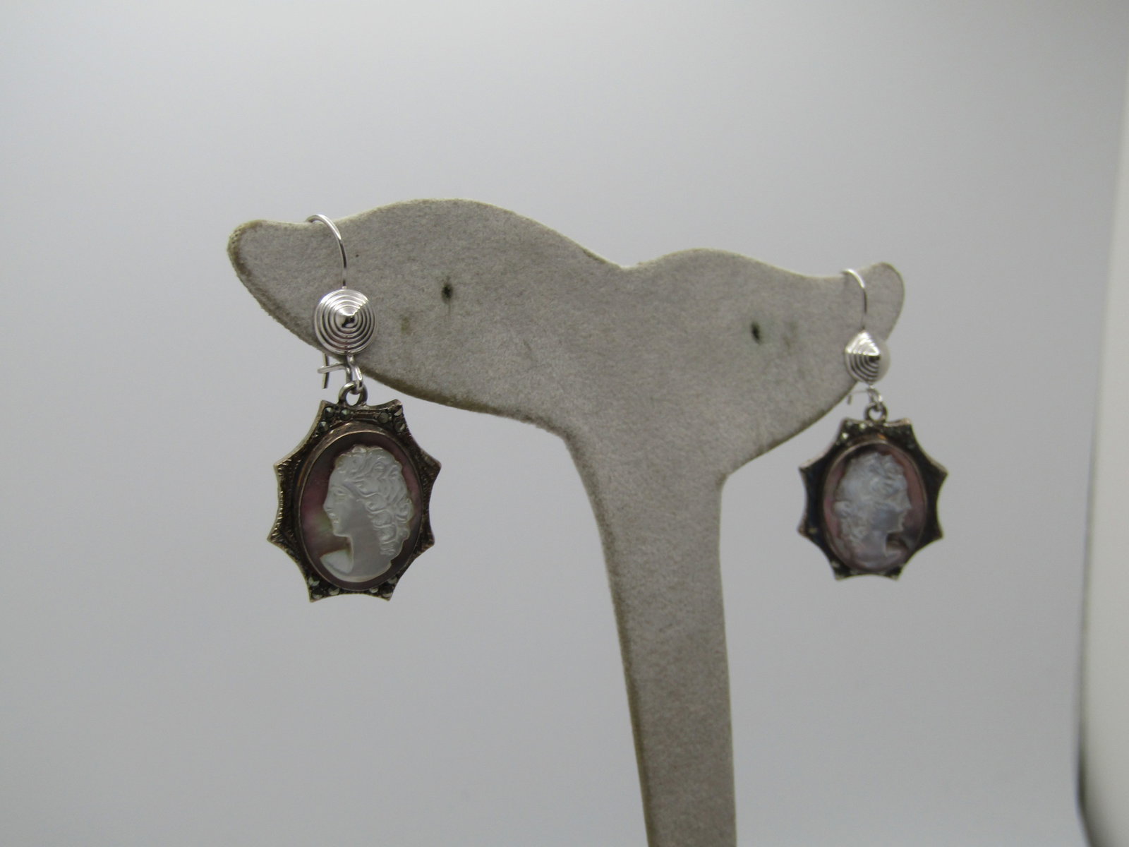 Vintage 14kt and Sterling Marcasite Cameo Drop Earrings, Mixed Ages - 2
