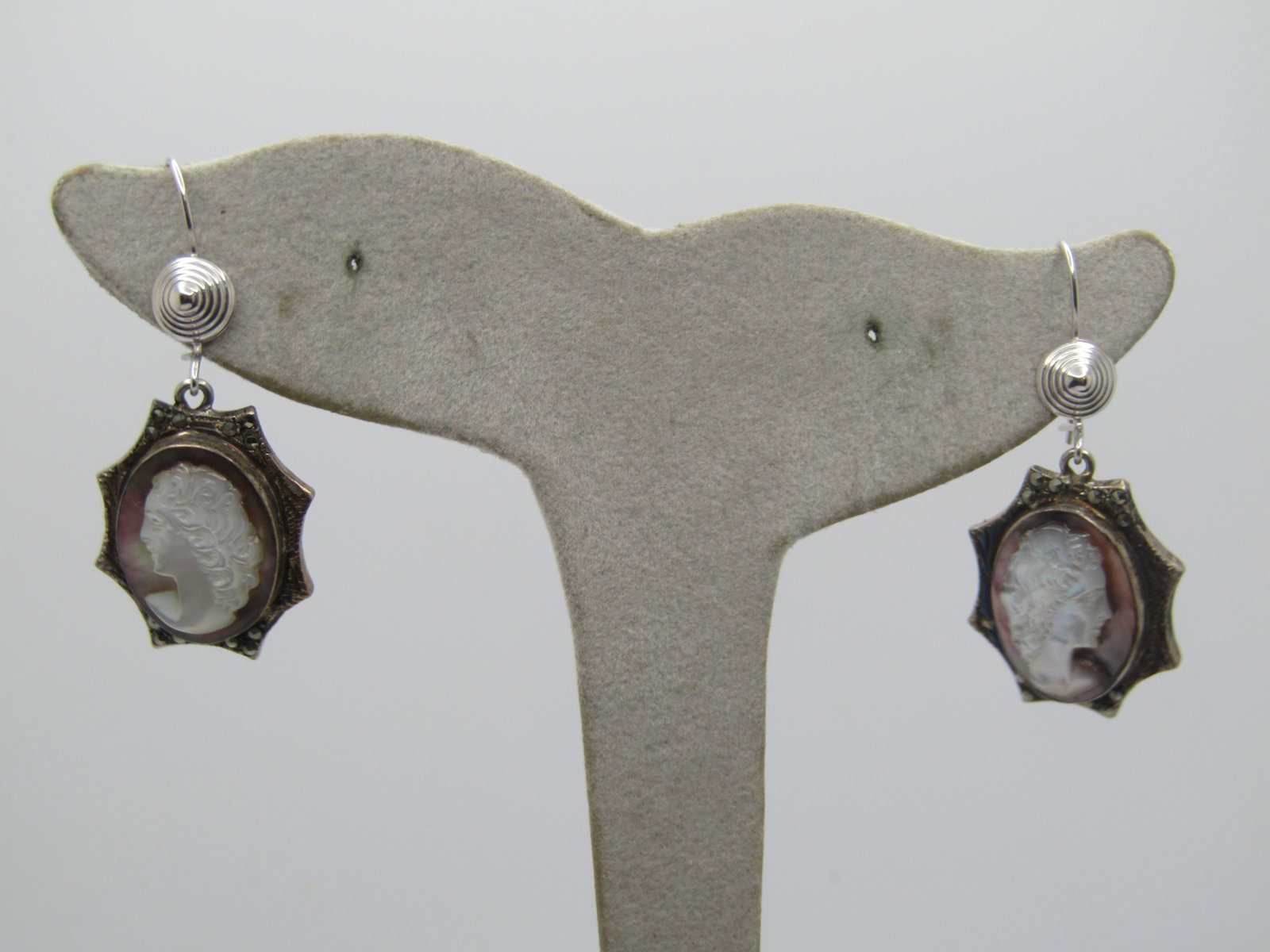 Vintage 14kt and Sterling Marcasite Cameo Drop Earrings, Mixed Ages - 3
