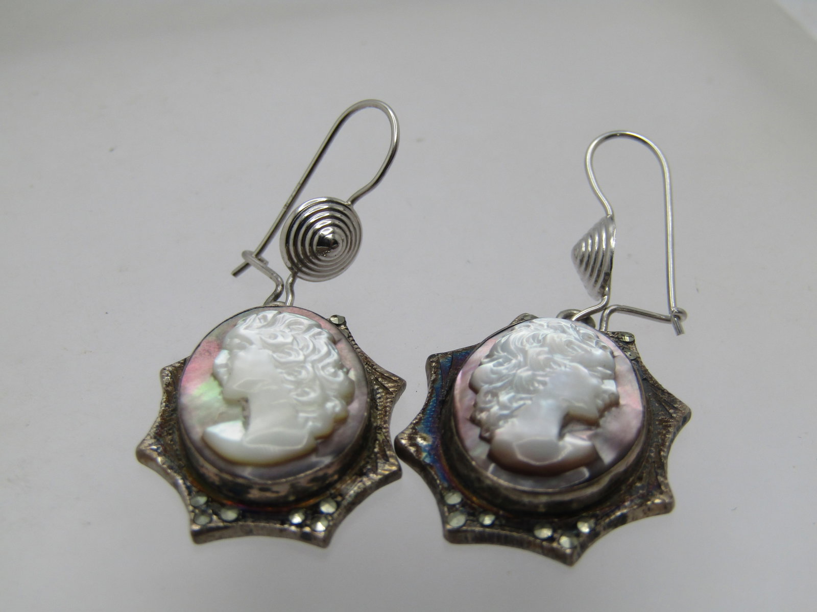 Vintage 14kt and Sterling Marcasite Cameo Drop Earrings, Mixed Ages - 4