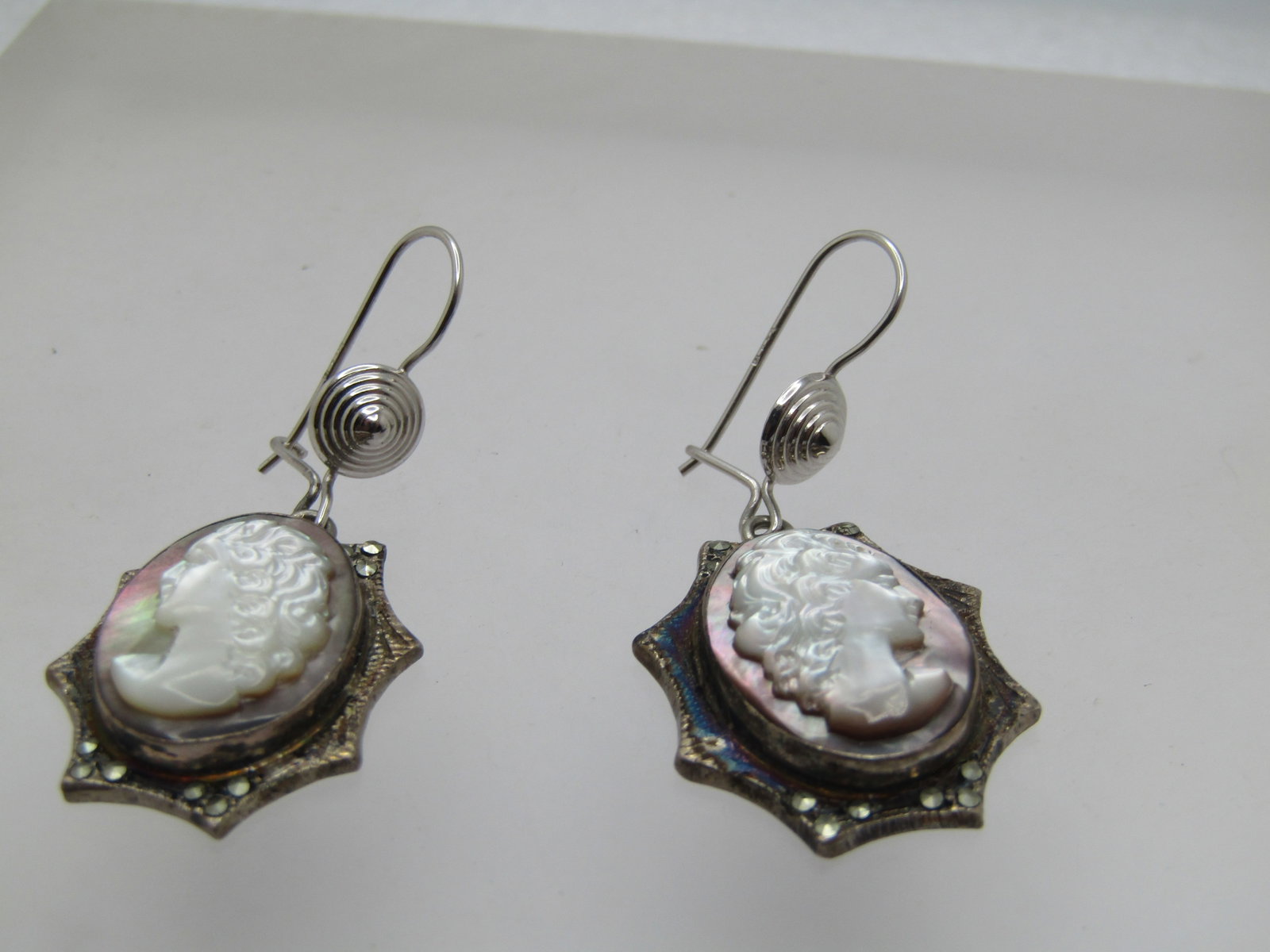 Vintage 14kt and Sterling Marcasite Cameo Drop Earrings, Mixed Ages - 5