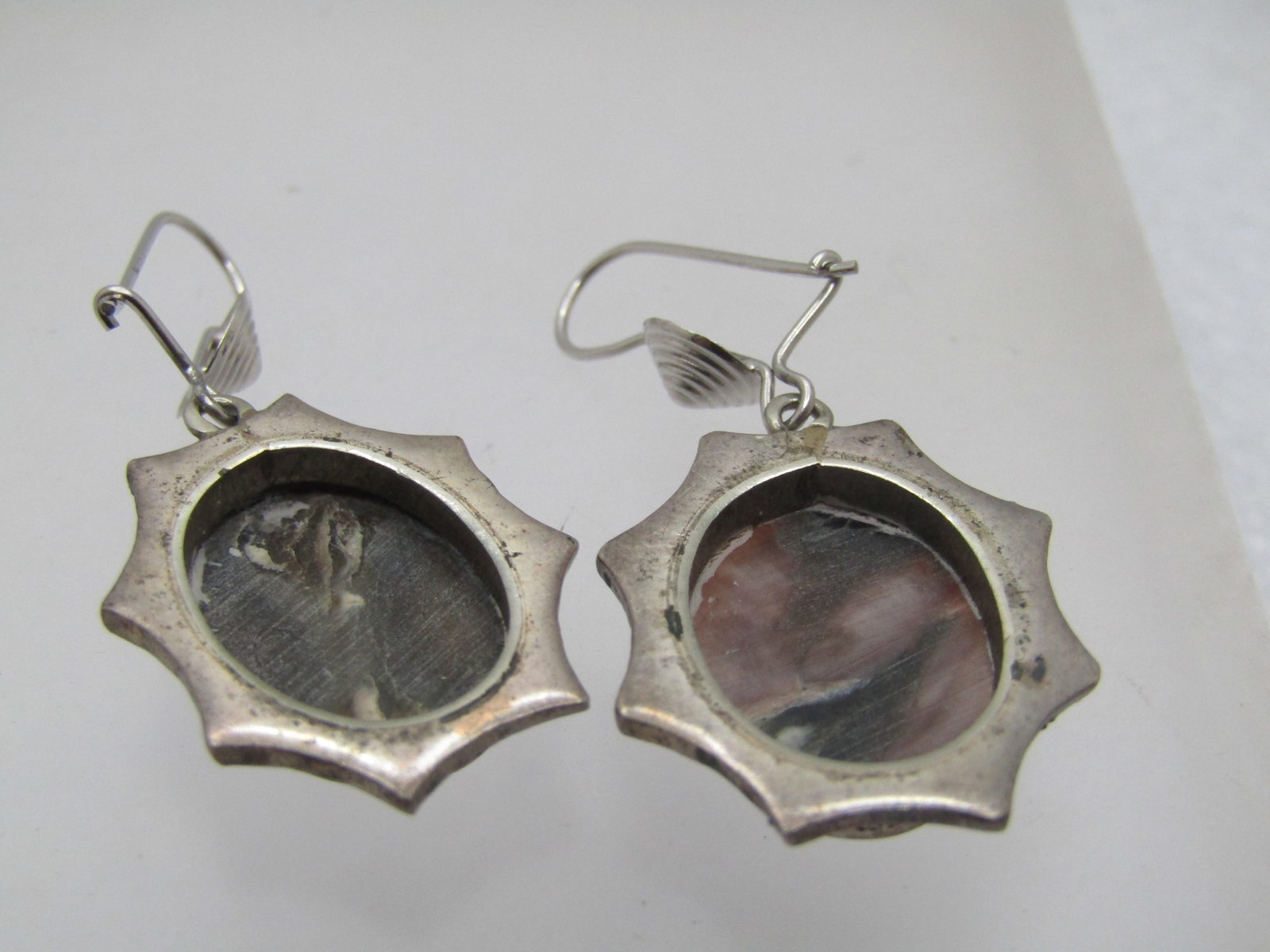 Vintage 14kt and Sterling Marcasite Cameo Drop Earrings, Mixed Ages - 6