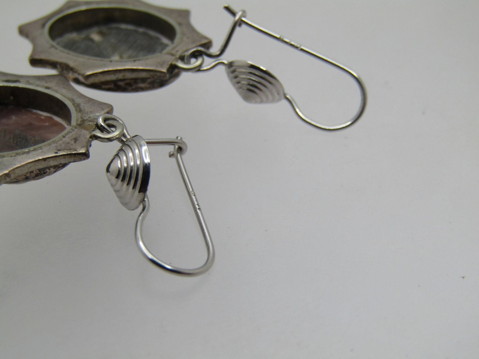 Vintage 14kt and Sterling Marcasite Cameo Drop Earrings, Mixed Ages - 7