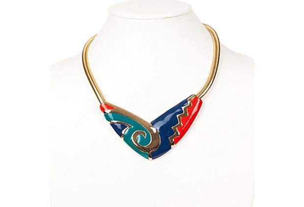 Aztec-Style Snake Chain Bib Necklace: Title:Aztec-Style Snake Chain Bib Necklace Description:Blue, navy, and red enamel bib necklace with ancient Mexican inspired design on a 18K gold-plated snake chain, circa 1970. Snake chain, 18"L x