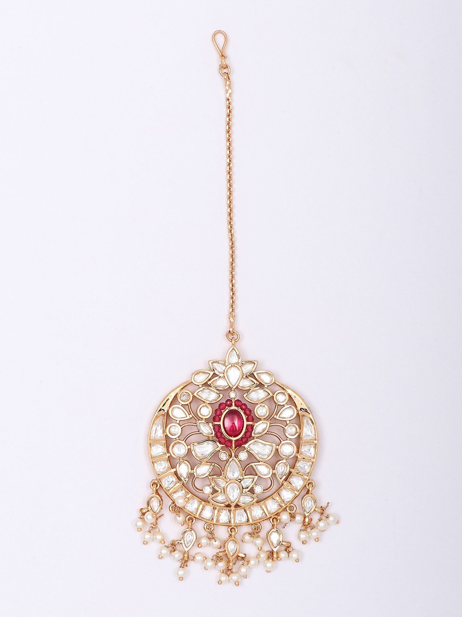 Floral Design Polki Stone Studded Pearl Drop Maang Tikka - 2