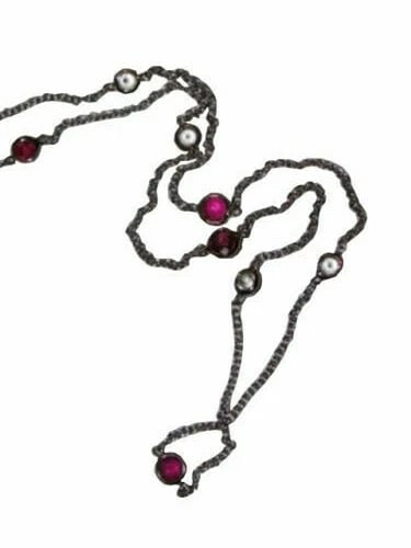 Alberto Juan 14 kt White Gold Ruby and White Sapphire Eternity Necklace: Title:Alberto Juan 14 kt White Gold Ruby and White Sapphire Eternity Necklace Description:One of a kind necklace by Alberto Juan made of 14 kt white gold with rubies and white sapphires. Necklace
