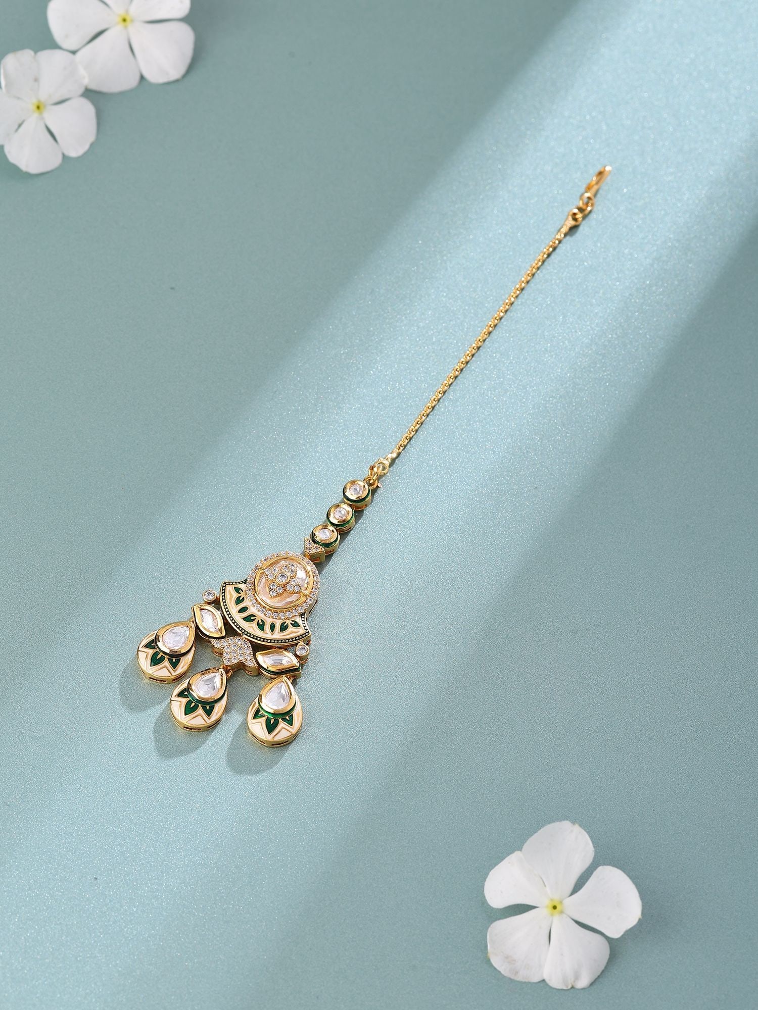 Meenakari Style Stone Studded Maang Tikka with Teardrop Danglers: Title:Meenakari Style Stone Studded Maang Tikka with Teardrop Danglers Reference:itemcode : JA0239 Reserve: $36.00 Shipping: Domestic: Flat-rate of $12.00 to anywhere within the contiguous U.S.