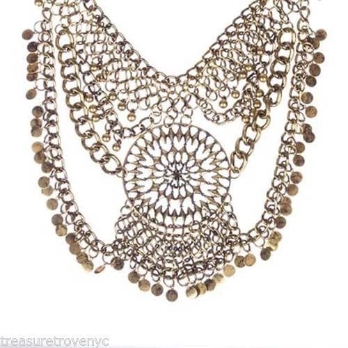 Treasure Trove NYC Goldtone Fringe Bib Necklace: Title:Treasure Trove NYC Goldtone Fringe Bib Necklace Description:Jewelry Information Brand, Seller, or Collection Name Treasure Trove NYC Metal stamp? Not stamped Metal? Base Gem Type N/A Length 18