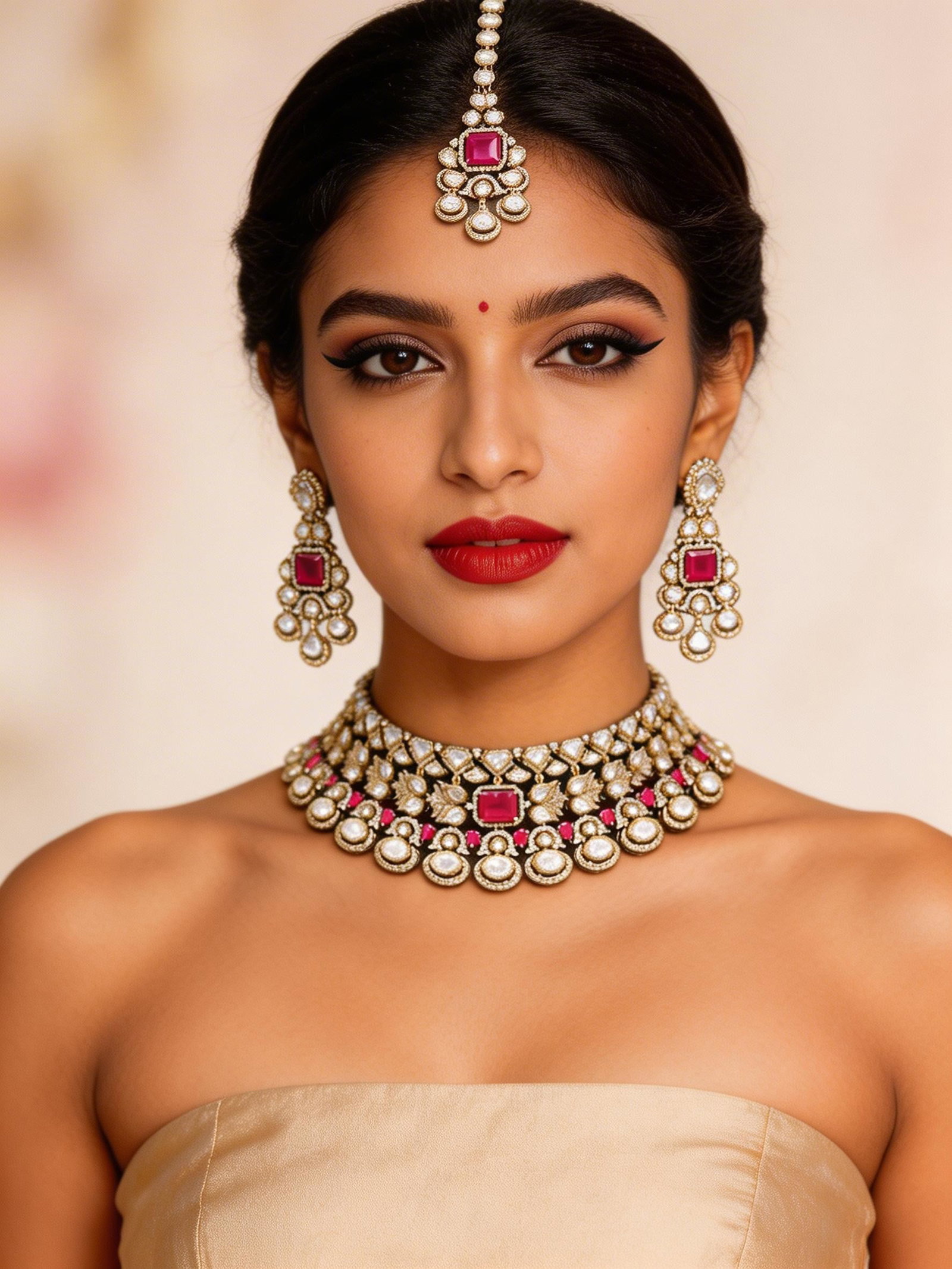 Ruby Pink Kundan Choker Necklace Set with Maang Tikka and Teardrop Danglers: Title:Ruby Pink Kundan Choker Necklace Set with Maang Tikka and Teardrop Danglers Reference:itemcode : JA0250 Reserve: $316.00 Shipping: Domestic: Flat-rate of $35.00 to anywhere within the