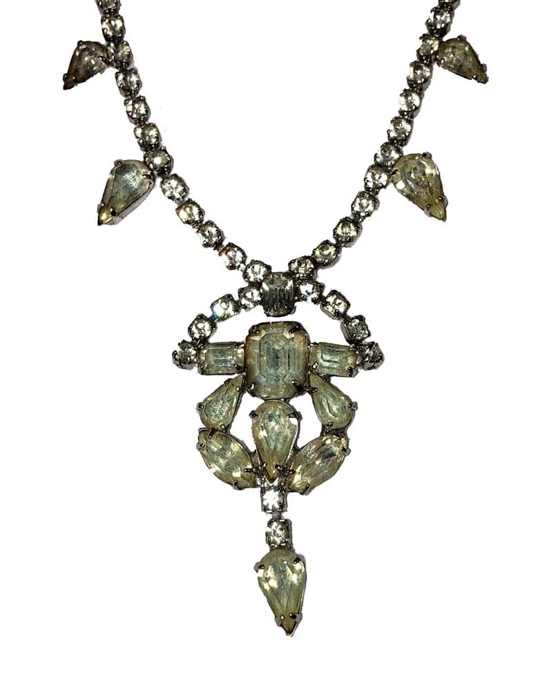 Vintage Costume Clear Rhinestone Pear Shaped Lavalier Necklace - 3