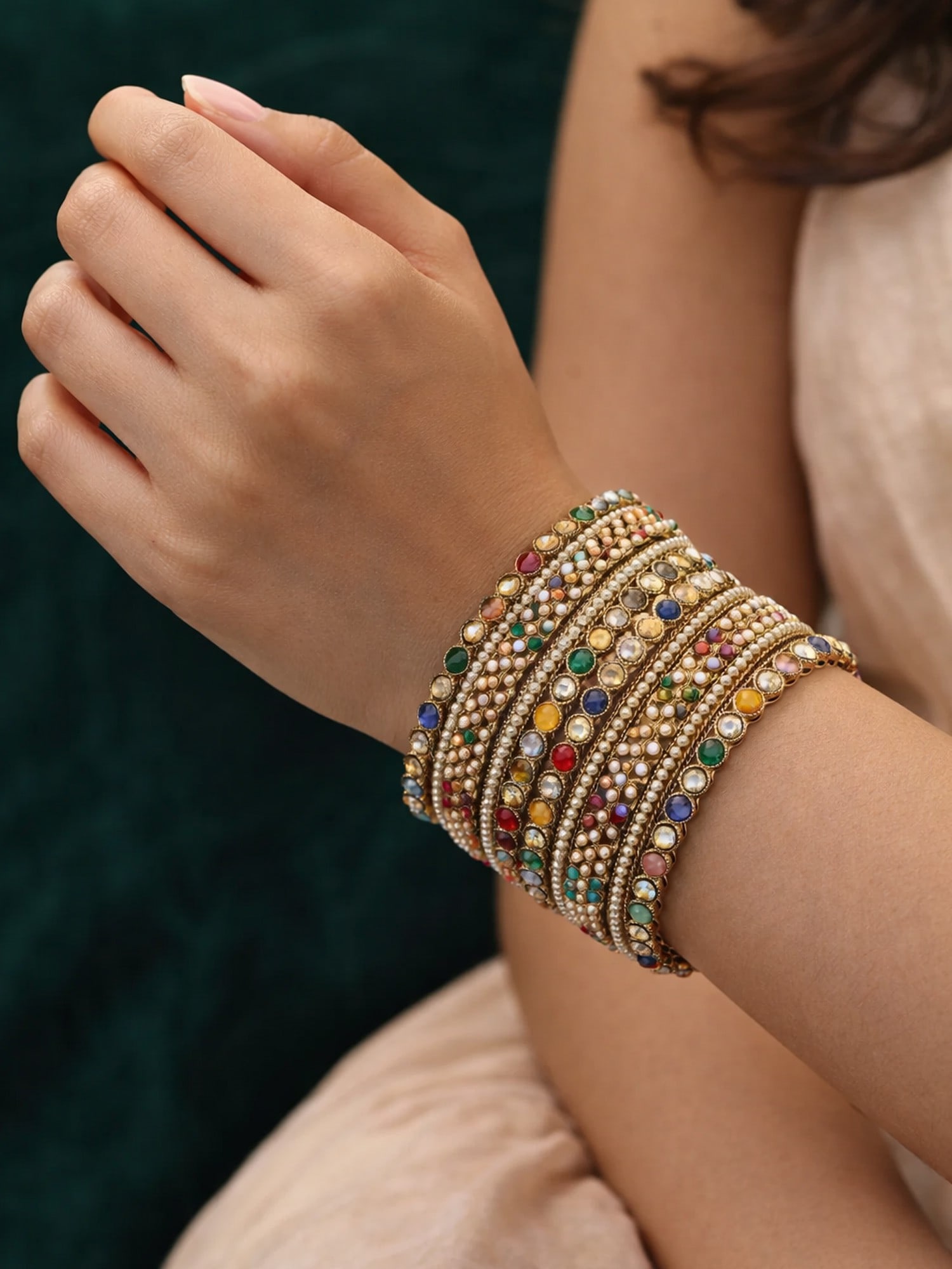 Multicolor Stone and Pearl Studded Traditional Bangle (Set of 10): Title:Multicolor Stone and Pearl Studded Traditional Bangle (Set of 10) Reference:itemcode : JA0253 Reserve: $36.00 Shipping: Domestic: Flat-rate of $12.00 to anywhere within the contiguous U.S.