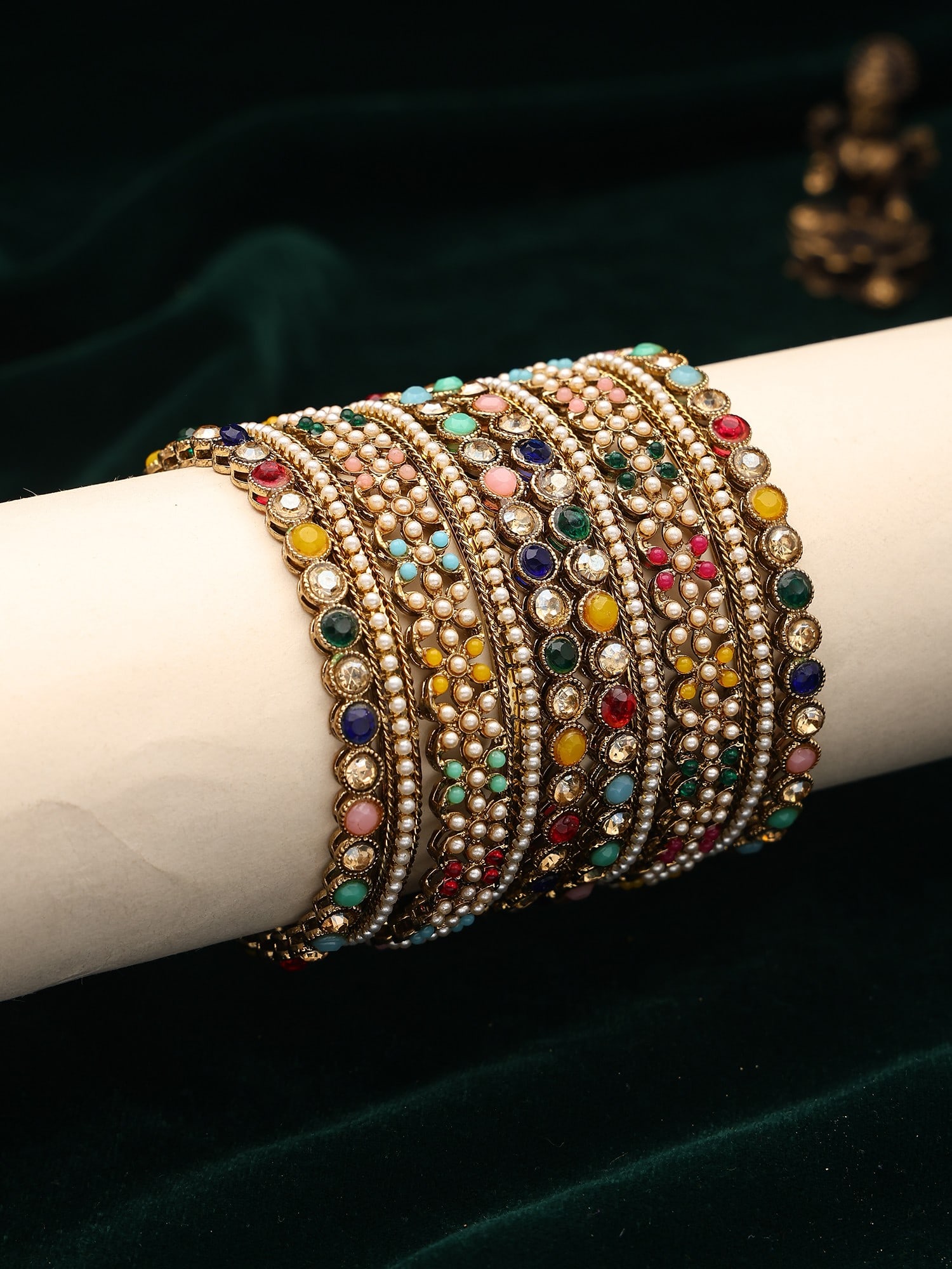 Multicolor Stone and Pearl Studded Traditional Bangle (Set of 10) - 2